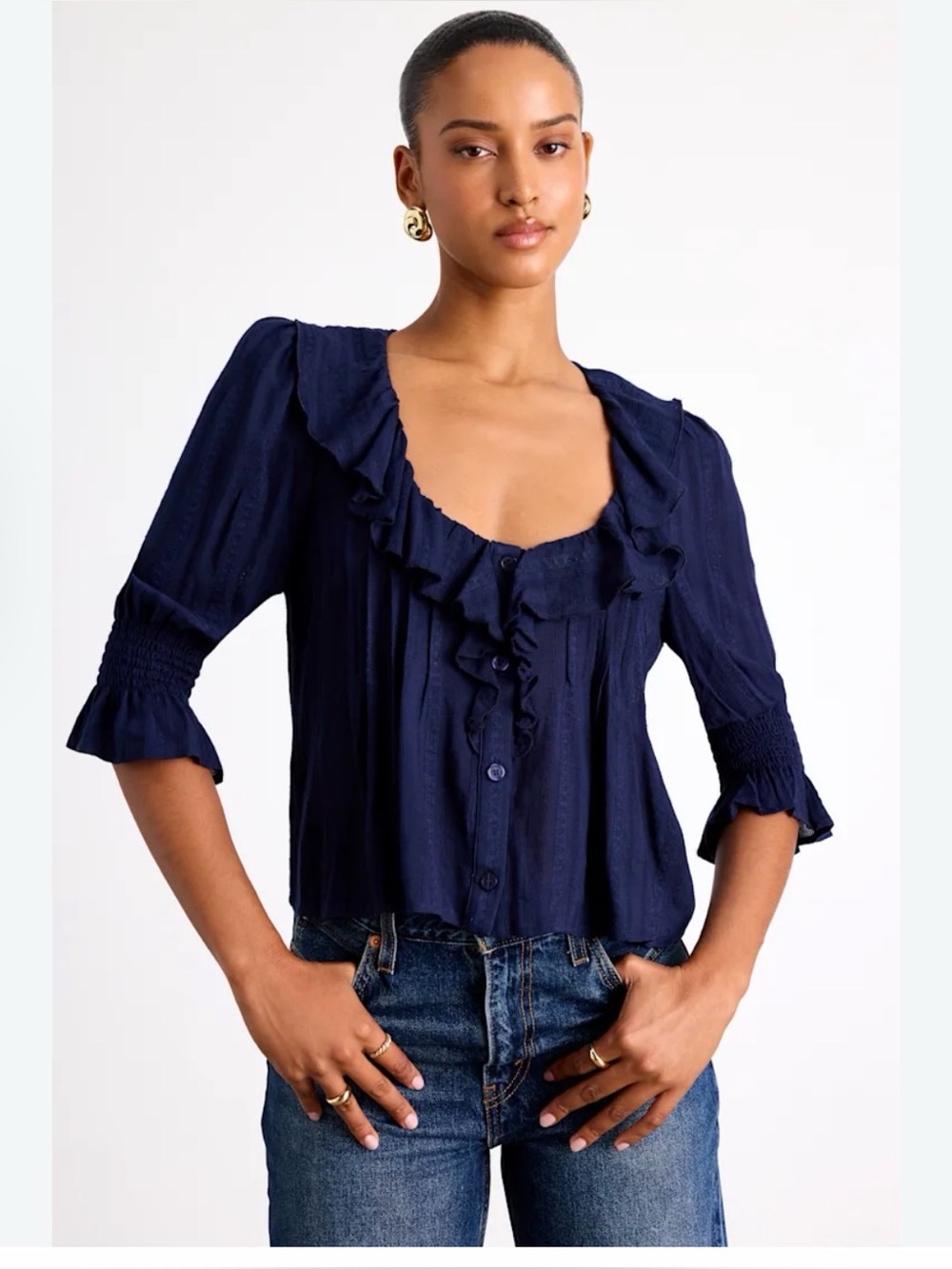Abercrombie & Fitch Navy Ruffle Tie-Front Peasant Blouse